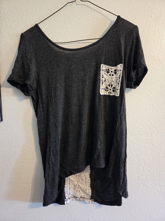 American Dream Tops - American Dream Charcoal Short Sleeve Top with White Crochet Accents